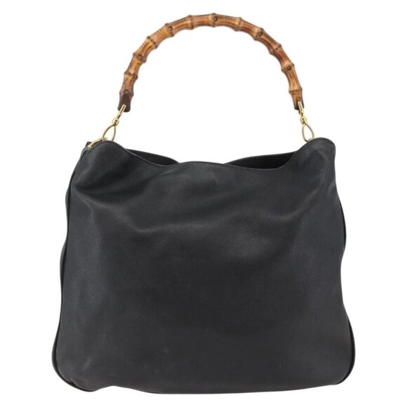 GUCCI Bamboo Shoulder Bag Leather Black Gold Auth - Picture 3 of 15